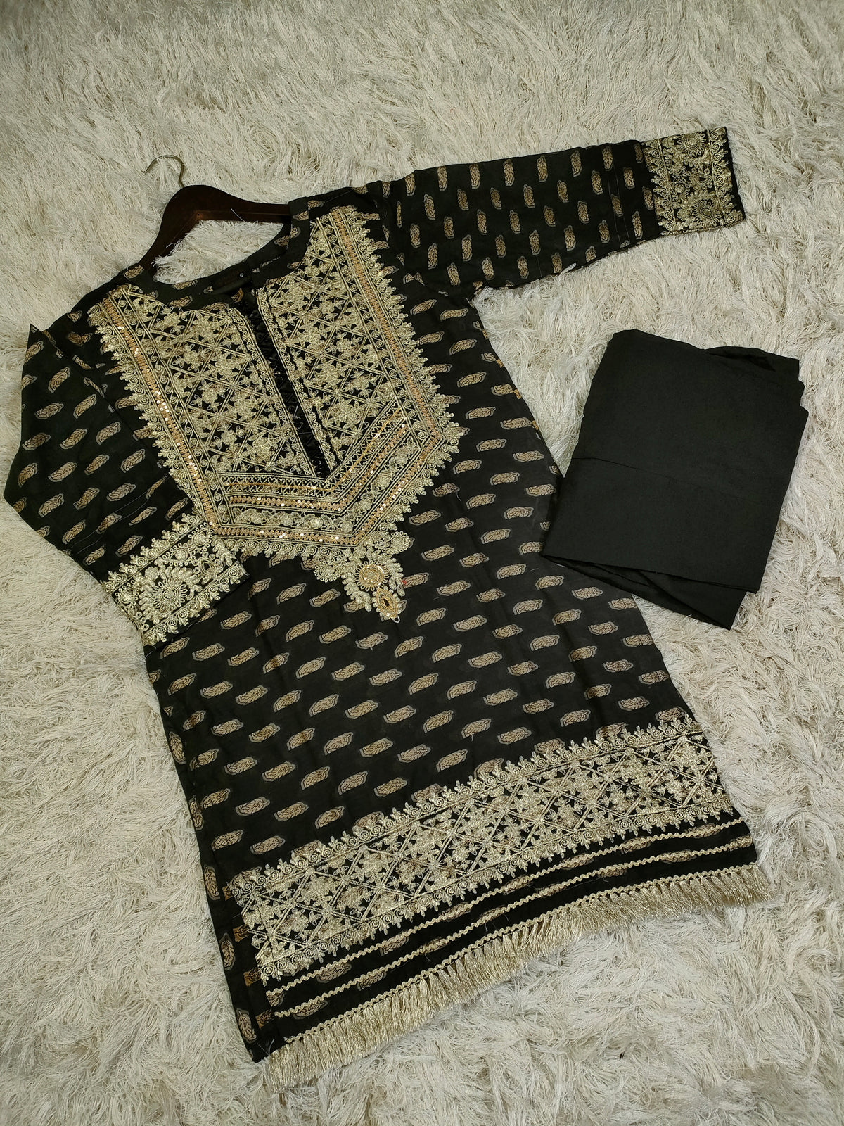 Self jacquard embroidered lawn shirt with plain trouser