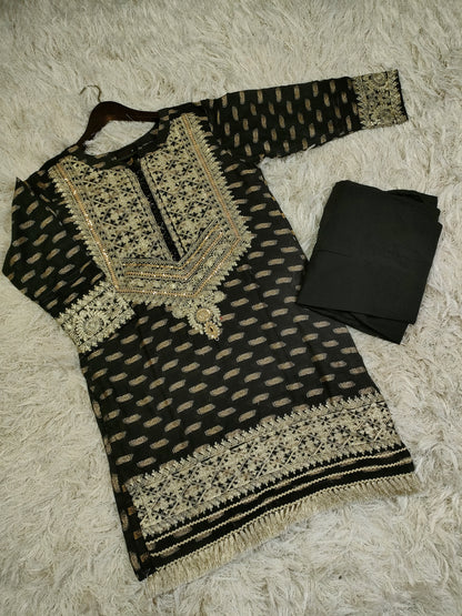 Self jacquard embroidered lawn shirt with plain trouser