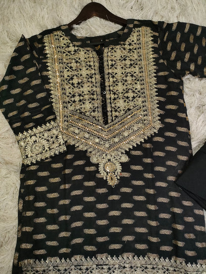 Self jacquard embroidered lawn shirt with plain trouser