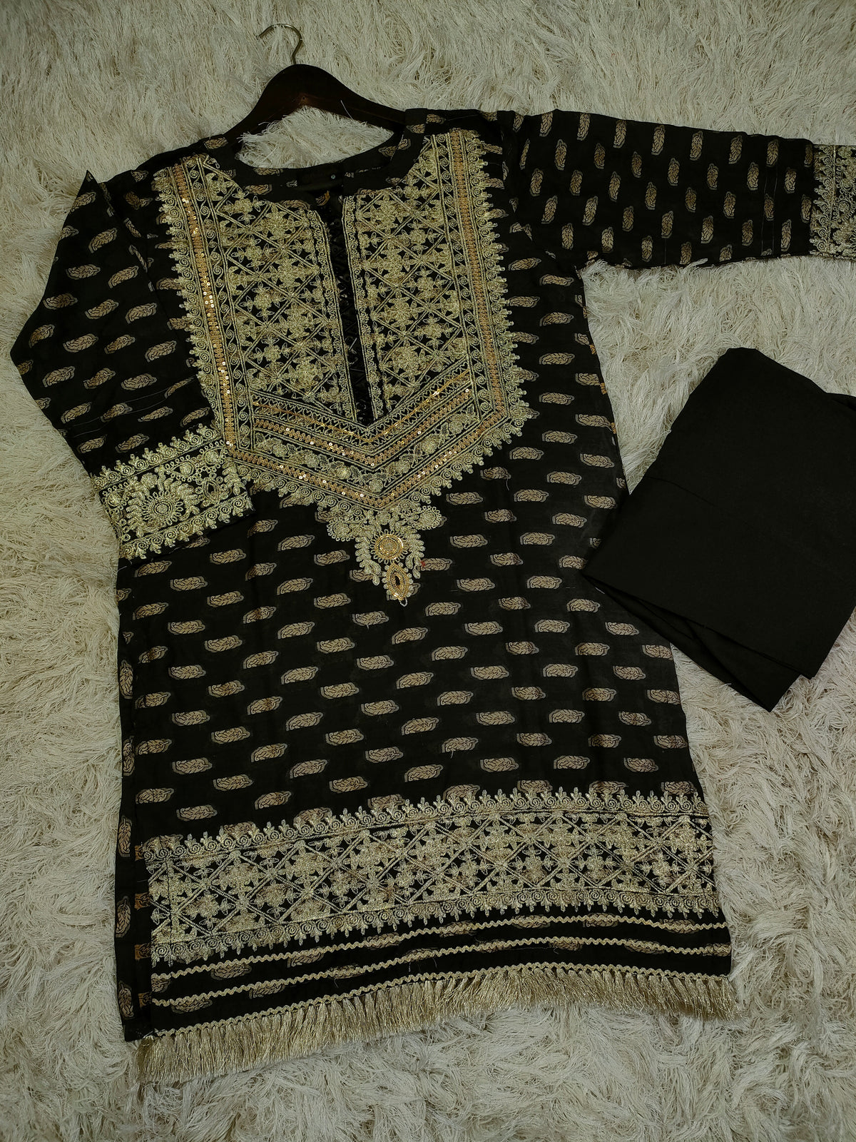 Self jacquard embroidered lawn shirt with plain trouser