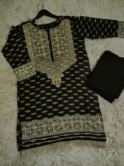 Self jacquard embroidered lawn shirt with plain trouser
