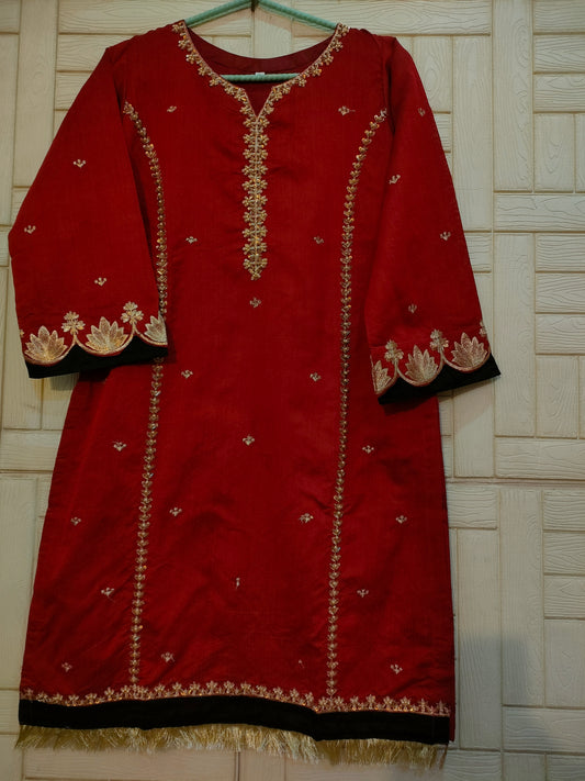 Maroon khaadi net hand embroidered shirt