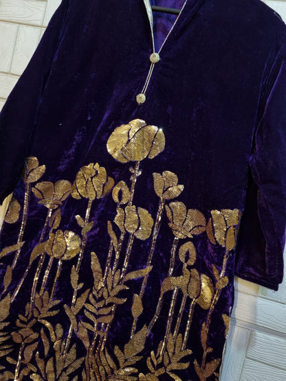 Purple sequin Embroidered velvet shirt