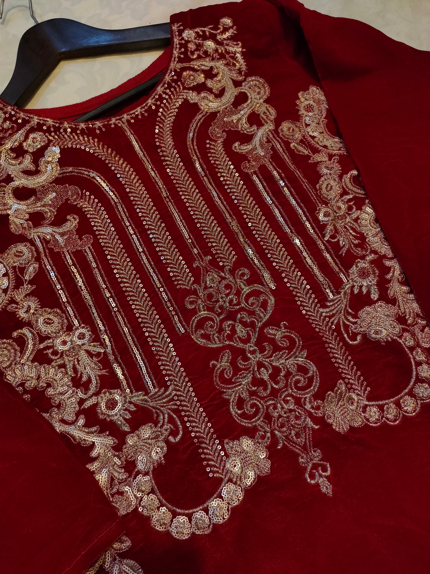 Red velvet embroidered frock