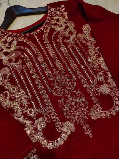 Red velvet embroidered frock