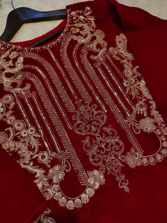 Red velvet embroidered frock