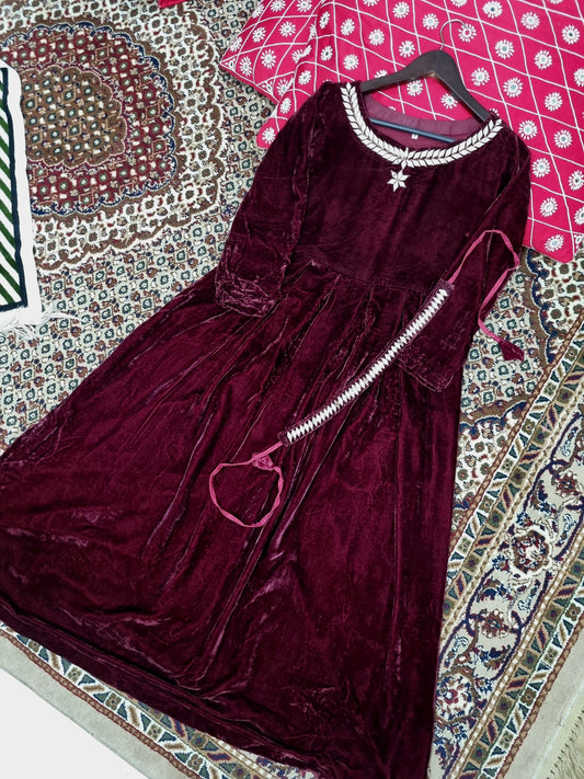 Maroon long velvet frock with belt