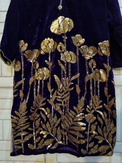 Purple sequin Embroidered velvet shirt