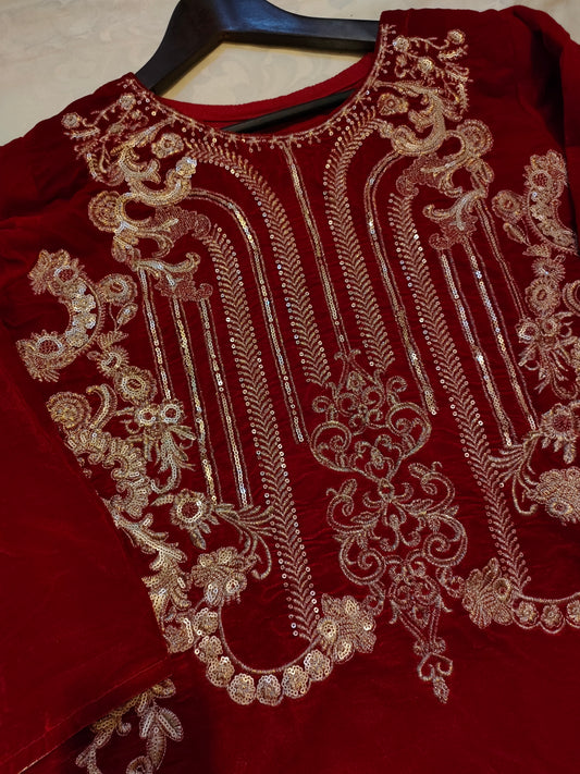 Red velvet embroidered frock