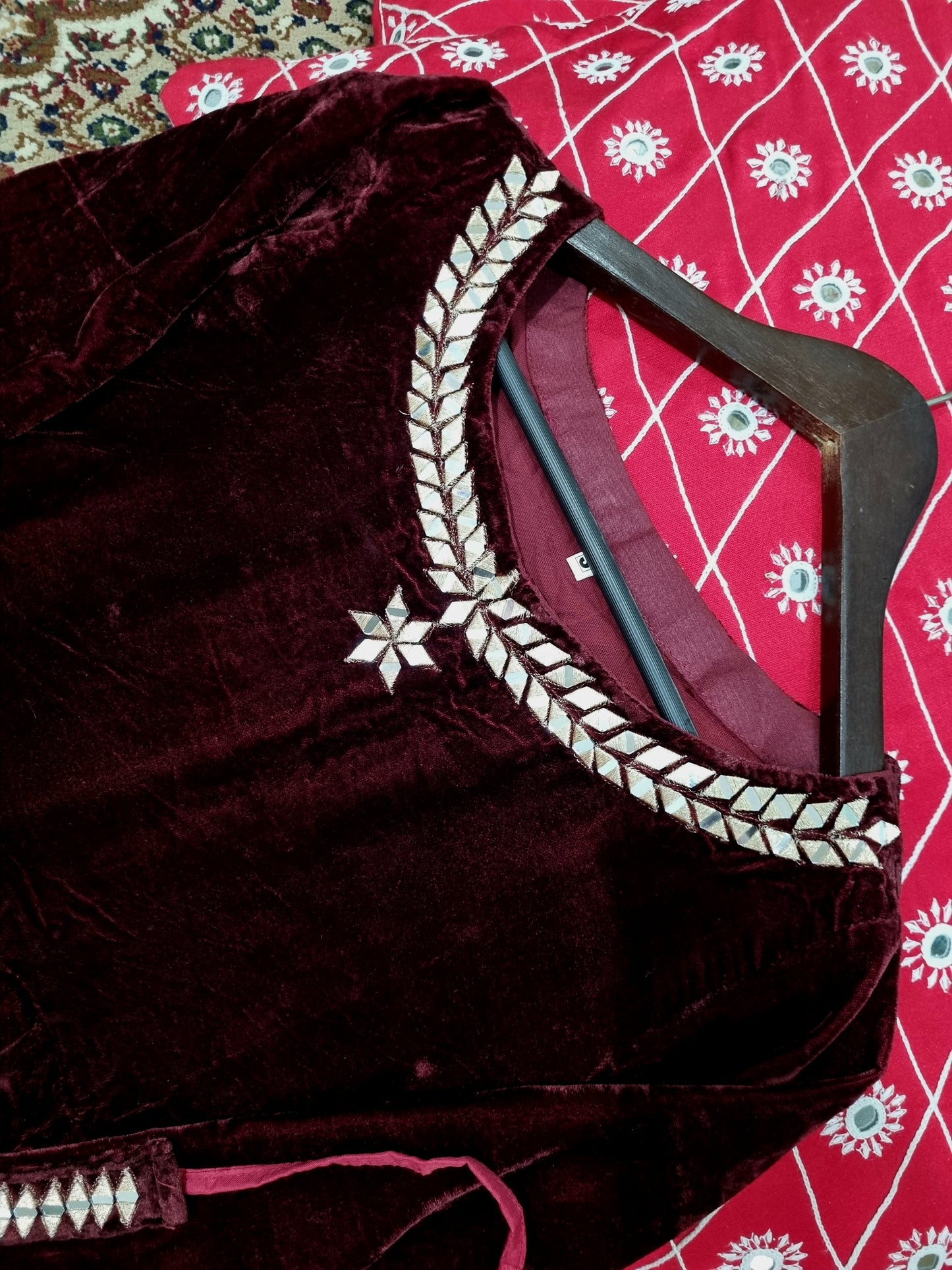 Maroon long velvet frock with belt